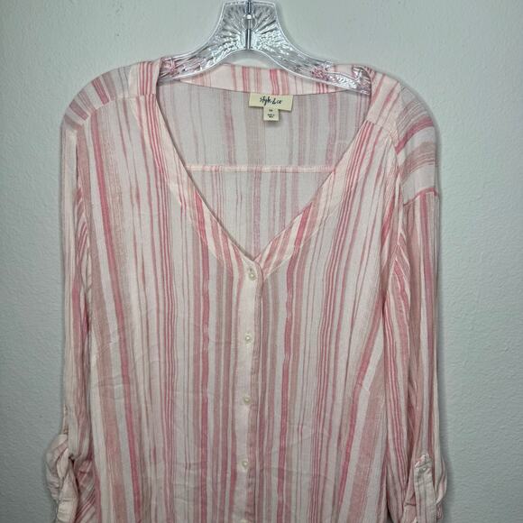 Style & Co Women’s 2X Pink White Striped Button Front Blouse Roll Tab Sleeve - Picture 7 of 8